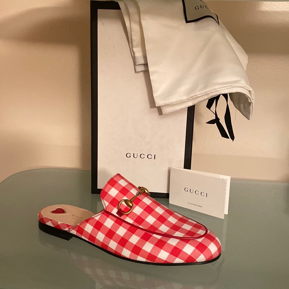 NIB GUCCI Red Gingham Princetown MULES Slides/Loafer Flats sz 7-7.5 US/38 ITALY - Picture 1 of 13